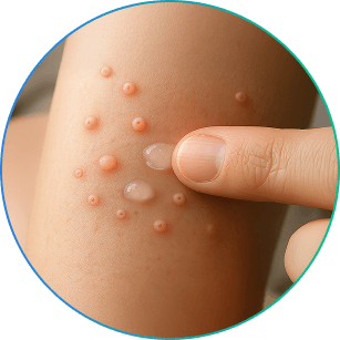 Finger pointing to molluscum contagiosum lesions on a child’s arm, showing classic dome-shaped skin bumps