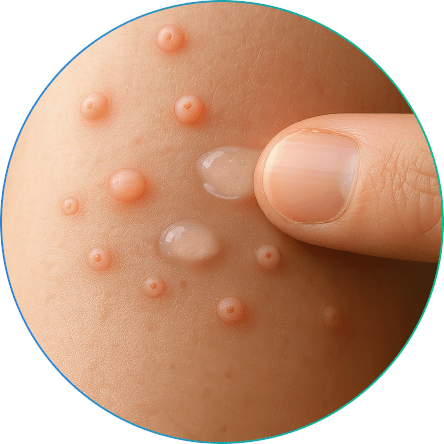 Close-up of molluscum contagiosum bumps on a child's arm with finger gently touching a lesion